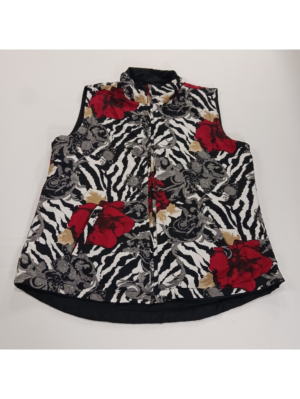 Casual Identity Women's Large Floral Multicolor & Black Reversible Vest RN#45749